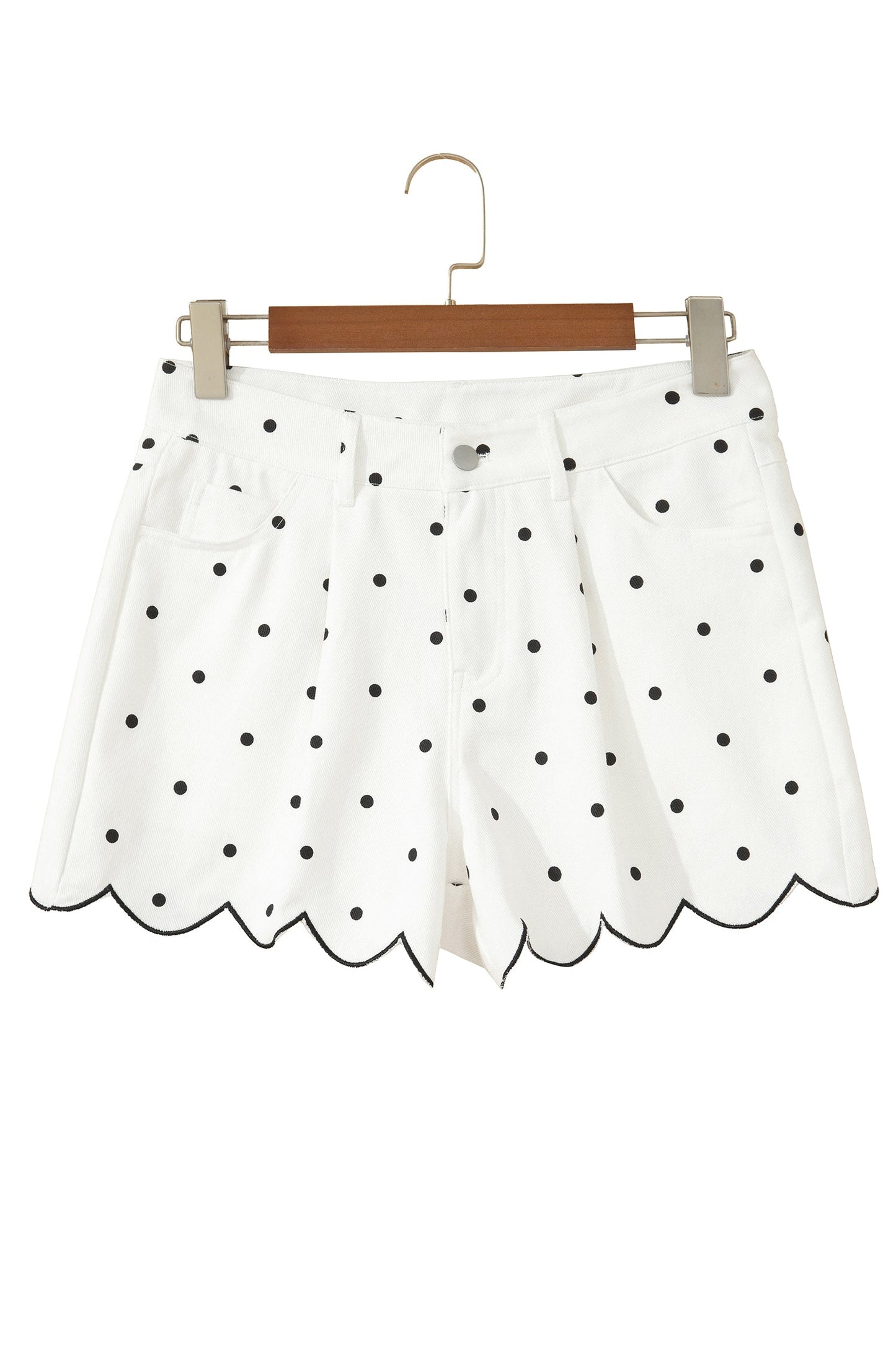 White Polka Dot Print Embroidered Scallop Hem Shorts