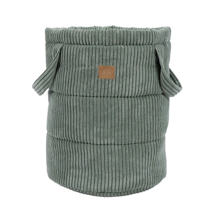 Empty olive green corduroy toy storage basket with fabric handles