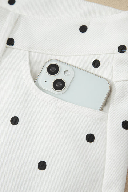 White Polka Dot Print Embroidered Scallop Hem Shorts