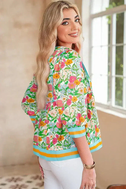 Green Floral Print Striped Trim Puff Sleeve Babydoll Blouse