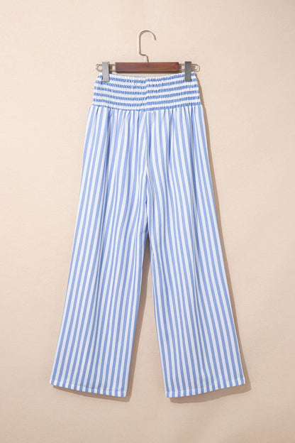 Sky Blue Stripe Shirred High Waist Loose Summer Pants
