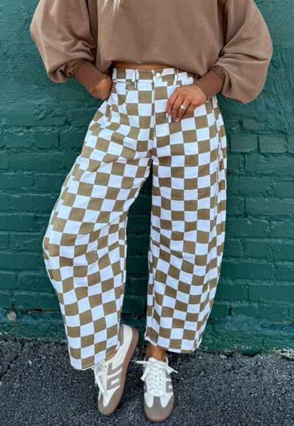 White Checkered Print Denim Barrel Pants