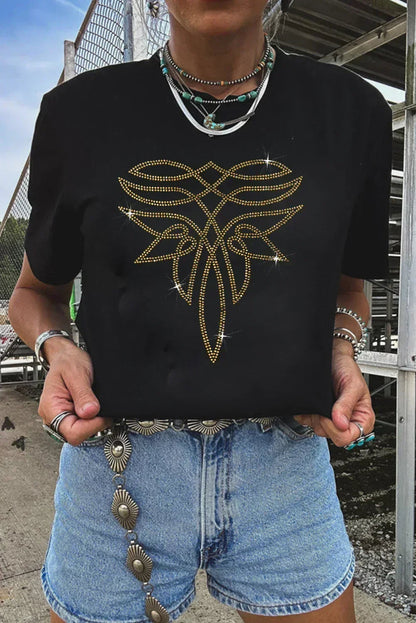 Black Rhinestone Boot Stitch Pattern Printed Cotton Blend Tee