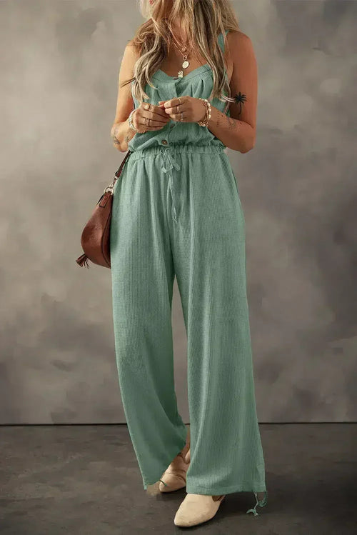 Moss Green Knotted Straps Button Textured Drawstring Jumpsuit