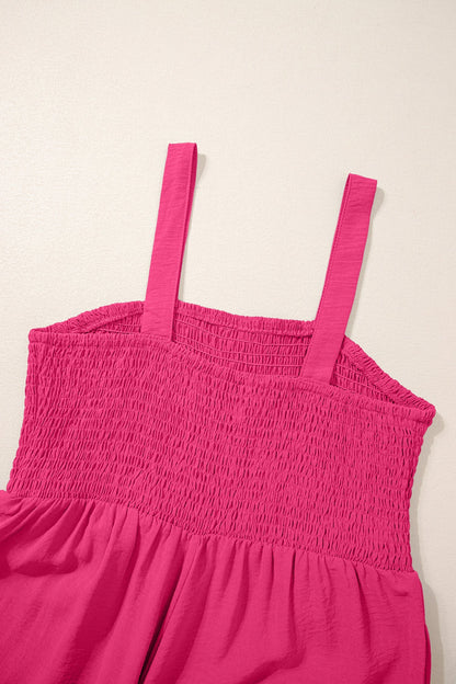 Rose Red Smocked Square Neck Sleeveless Jumpsuit with Pockets