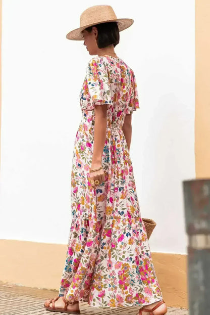 Red Floral Short Sleeve V Neck High Waist Maxi Dress