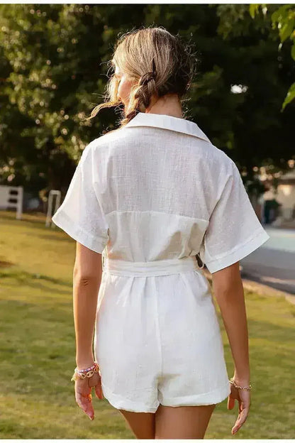 Pure Color Short-sleeved Lapel Tie Jumpsuit Casual Jumpsuit Women
