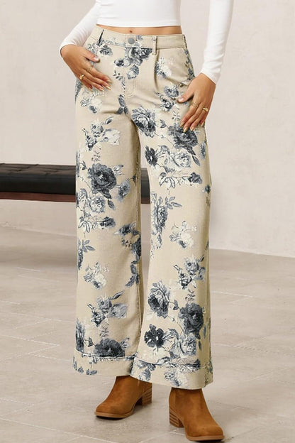 Beige Retro Floral Print Turn-up Cuffed Hem Loose Jeans