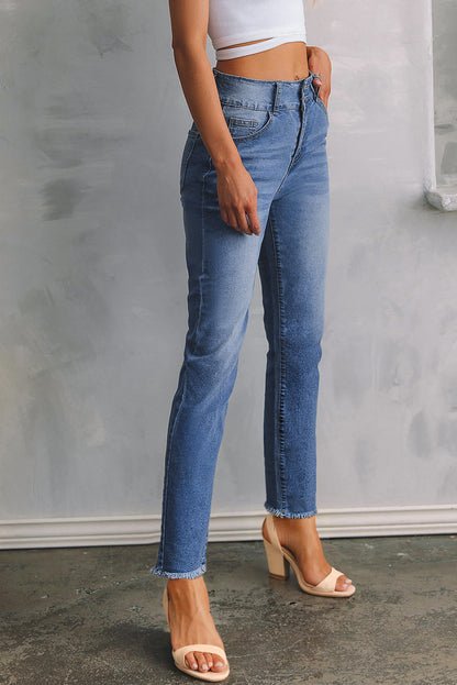 Sky Blue Double Button Raw Hem Slim Fit Jeans
