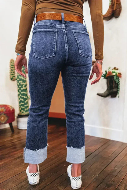 Real Teal Folded Cuffs Distressed High Waist Jeans
