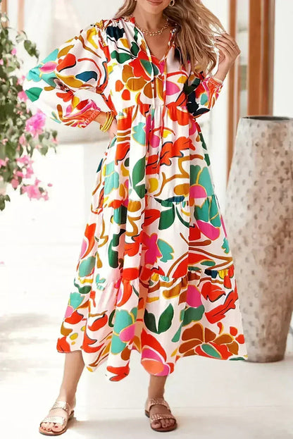 Orange Abstract Tie V Neck Tiered Maxi Dress