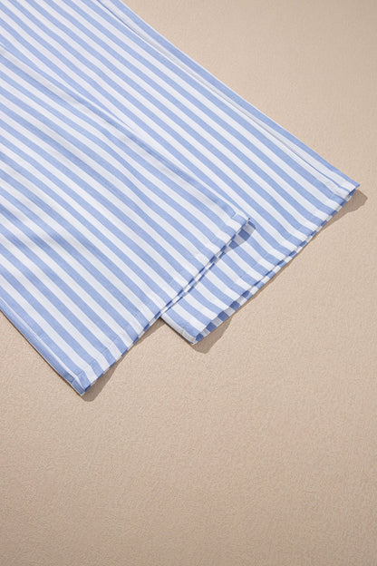 Sky Blue Stripe Shirred High Waist Loose Summer Pants