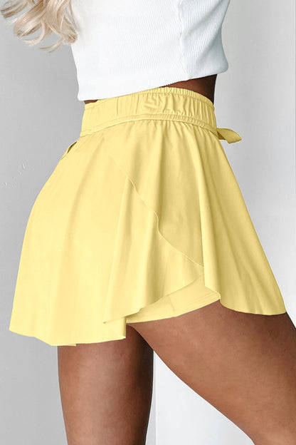 Yellow Cream Drawstring Elastic Waistband Lined Tennis Skorts