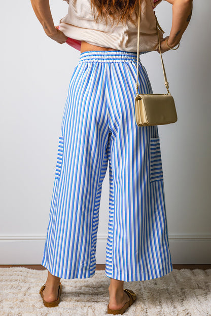 Sky Blue Stripe Drawstring Elastic Waist Patch Pocket Wide Leg Ankle-length Pants