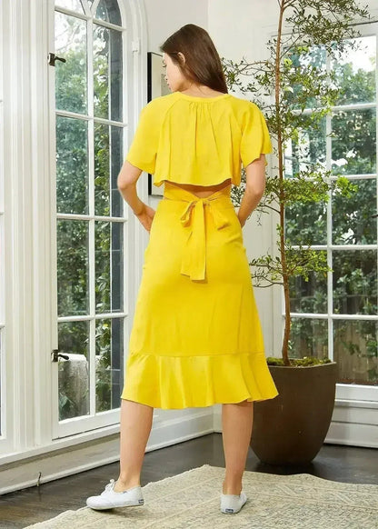 Women's Asymmetrical Hem Button Front Skirt in Yellow