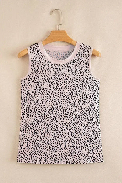 Apricot Allover Leopard Print Round Neck Tank Top