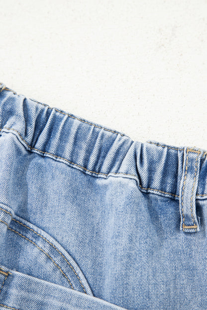Beau Blue Drawstring Seam Detail Raw Hem Wide Leg Denim Pants