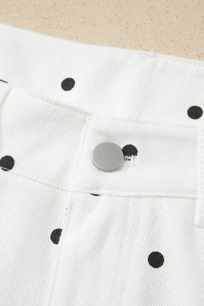 White Polka Dot Print Embroidered Scallop Hem Shorts