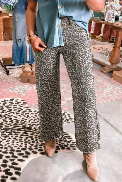 Brown Leopard High Waist Frayed Hem Jeans