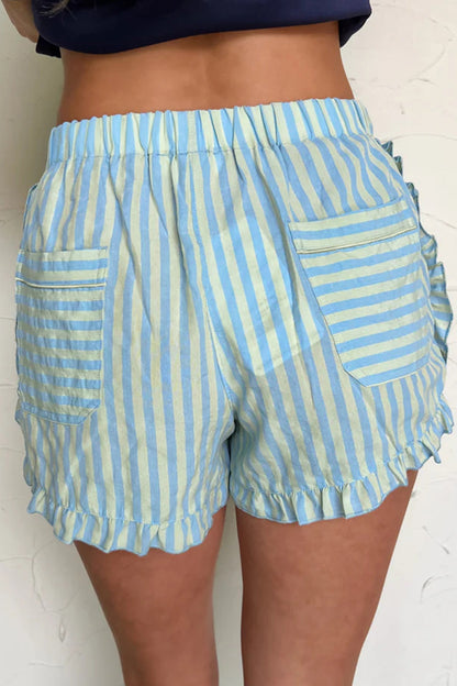 Sky Blue Stripe Elastic Waist Ruffle Trim Casual Shorts