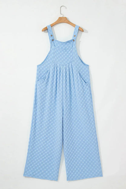 Beige Checkered Pocket High Waist Wide Leg Overall