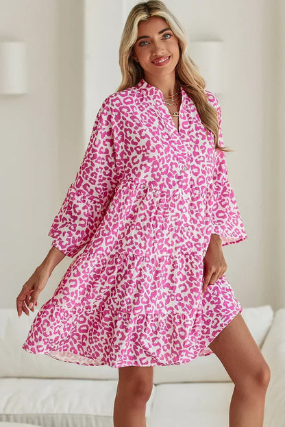 Bright Pink Leopard Print Flounce Sleeve Mini Dress