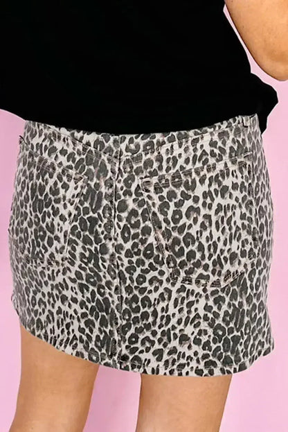 Khaki Allover Leopard Print Denim Mini Skirt