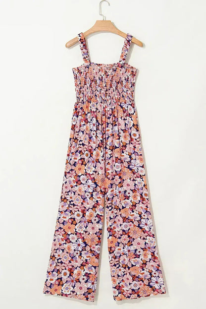 Purple Floral Square Neckline Stretch High Waist Jumpsuit