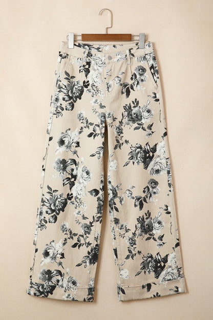 Beige Retro Floral Print Turn-up Cuffed Hem Loose Jeans