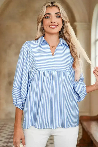 Sky Blue Striped Ric Rac Trim Collared V Neck Blouse