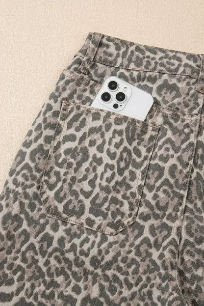Brown Leopard High Waist Frayed Hem Jeans