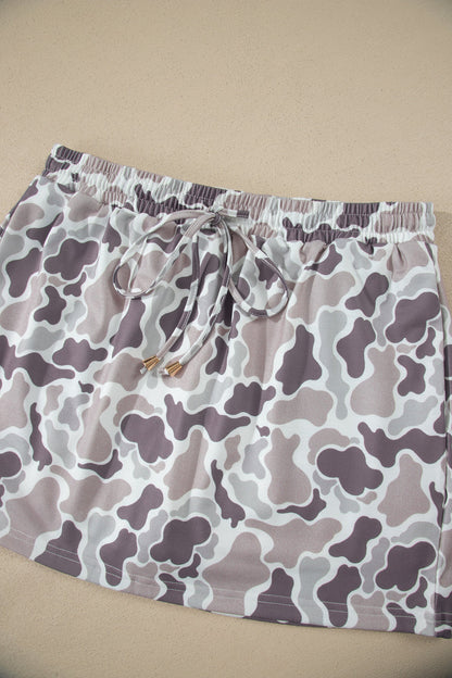 Khaki Abstract Camo Elastic Waist Drawstring Mini Skort