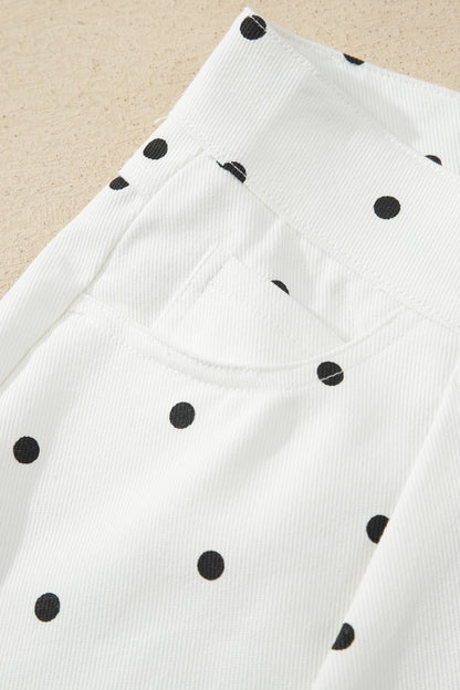 White Polka Dot Print Embroidered Scallop Hem Shorts