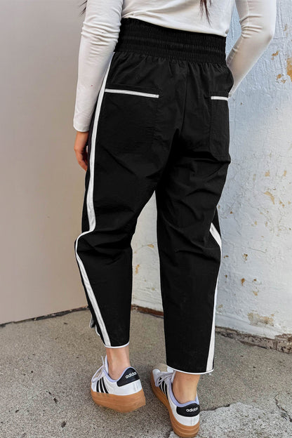 Black Contrast Striped Smocked Waist Drawstring Cropped Casual Pants