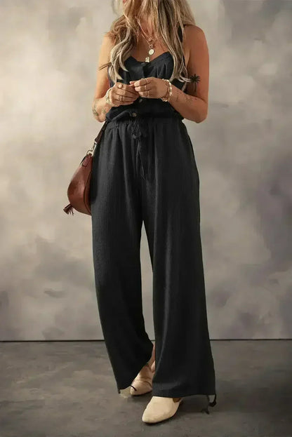 Moss Green Knotted Straps Button Textured Drawstring Jumpsuit