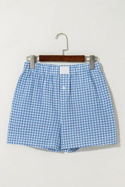 Blue Vintage Gingham Print High Waisted Loose Shorts