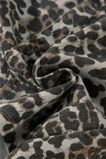 Khaki Allover Leopard Print Denim Mini Skirt