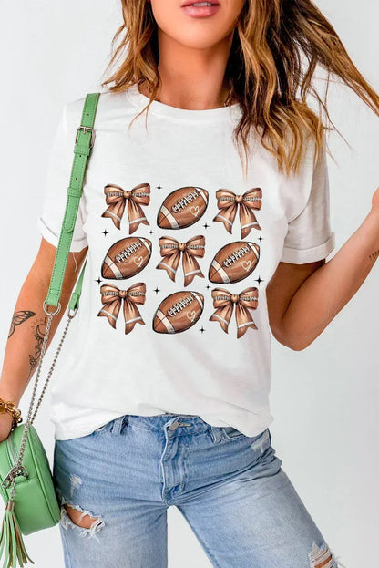 White Rugby Fashion Bow Print Graphic T Shirt