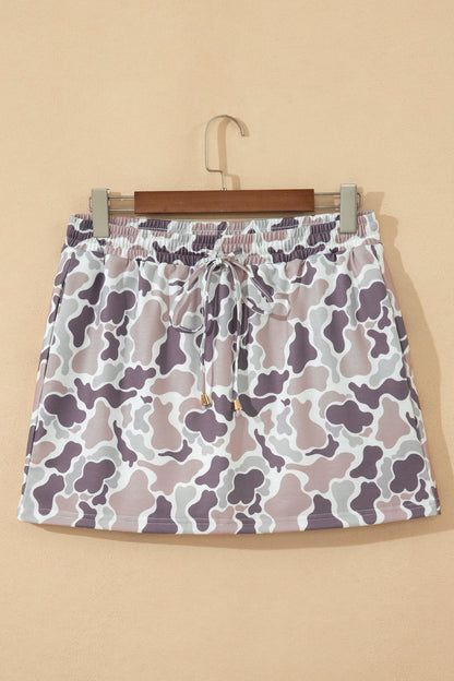Khaki Abstract Camo Elastic Waist Drawstring Mini Skort
