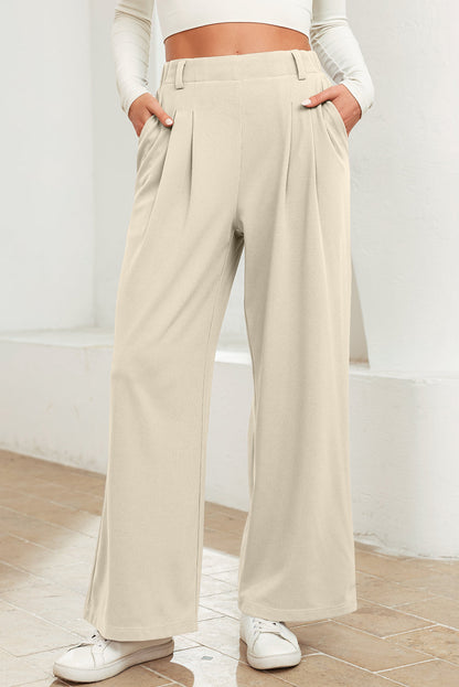 Beige Solid Color Textured Elastic Waist Wide Leg Pants