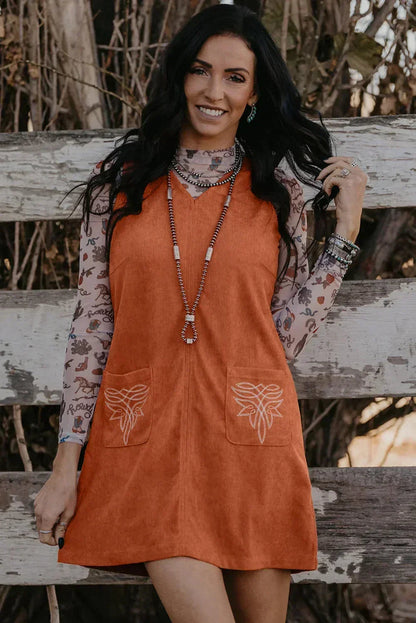Gold Flame Corduroy Embroidered Patch Pocket Sleeveless Mini Dress