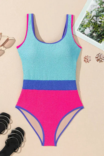 Rose Red Textured Colorblock One Piece Swimsuit