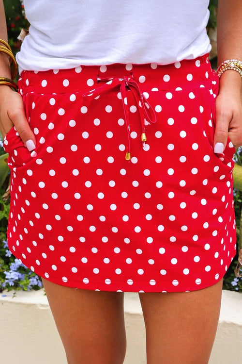 Fiery Red Polka Dot Drawstring Casual Mini Skort