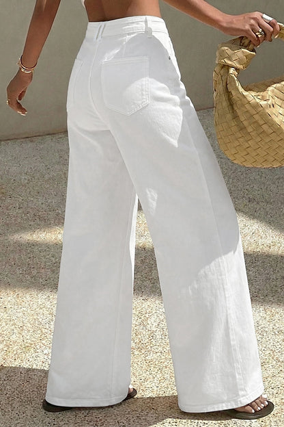 White Solid Color Loose Casual Jeans