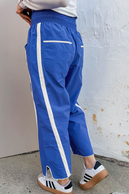 Dark Blue Contrast Striped Smocked Waist Drawstring Cropped Casual Pants