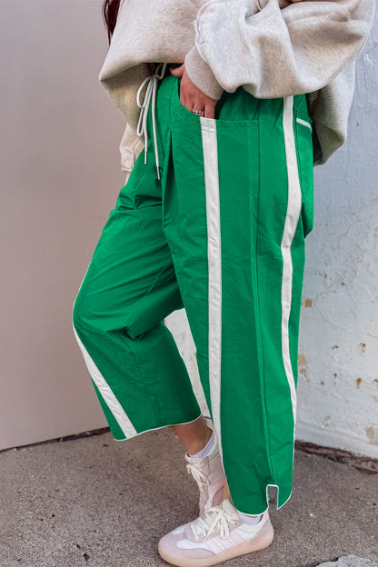 Bright Green Contrast Striped Smocked Waist Drawstring Cropped Casual Pants