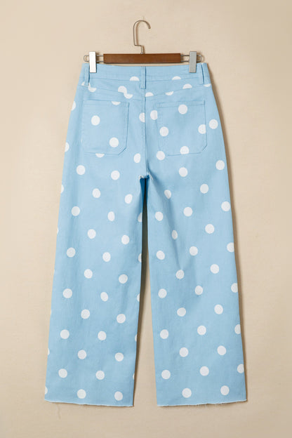 Sky Blue Polka Dot Print Raw Hem Shift Jeans