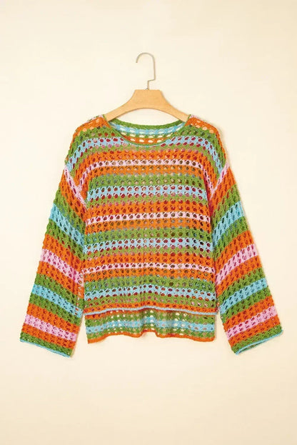 Purple Striped Hollow Knit Summer Beach Cover Up