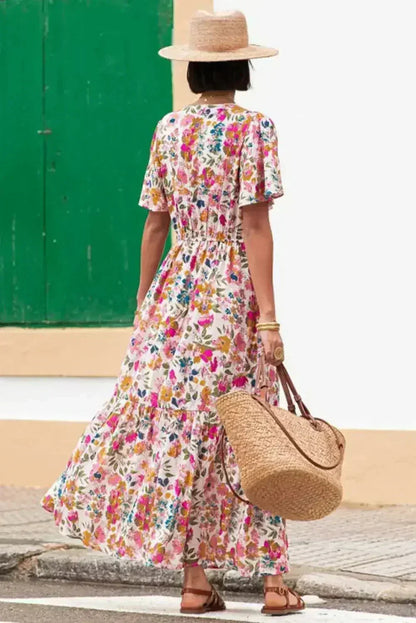 Red Floral Short Sleeve V Neck High Waist Maxi Dress