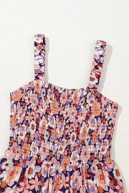 Purple Floral Square Neckline Stretch High Waist Jumpsuit